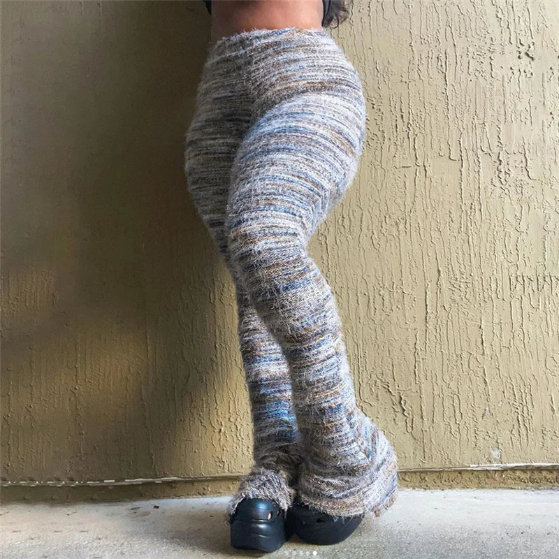 Pants Knit Colorful Striped Stacked  Women Sexy Elastic Waist Slim Fluffy Flared Trousers 2024 Female Bottoms Streetwear